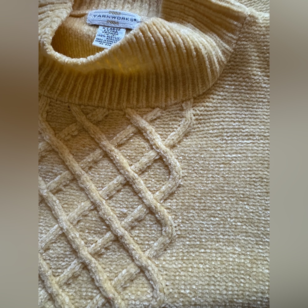 Yarnworks Cable Knit Sweater Womens XL Yellow Mock Neck Fisherman Style - Picture 4 of 4